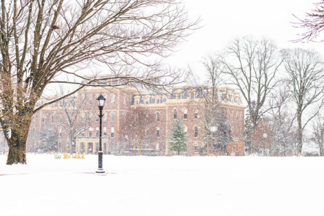 A snowy campus Quad scene.