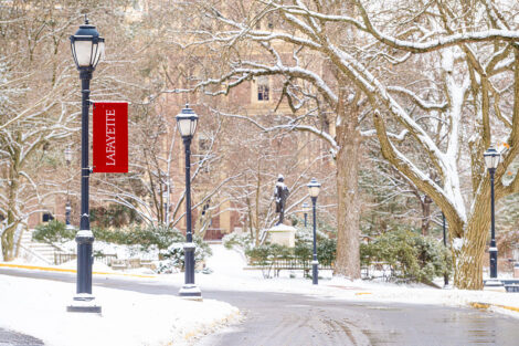 A snowy campus scene.