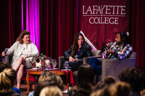 President Nicole Hurd, Jaye Fenderson, and Daveed Diggs speak on stage in Colton Chappel.