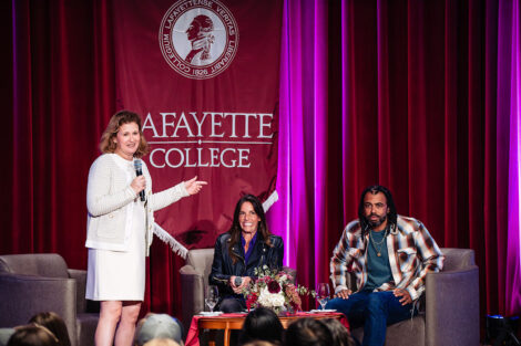 President Nicole Hurd, Jaye Fenderson, and Daveed Diggs speak on stage in Colton Chappel.