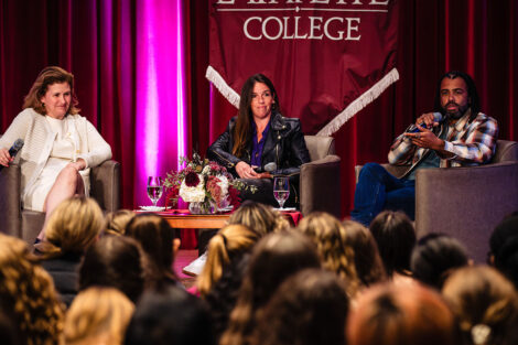 President Nicole Hurd, Jaye Fenderson, and Daveed Diggs speak on stage in Colton Chappel.