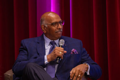 Michael Steele speaks on stage at Colton.