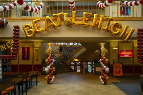 Farinon College Center is decorated in balloons including some that read 