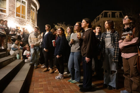 A crowd of students in front of Farinon College Center.