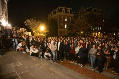 A crowd of students in front of Farinon College Center.