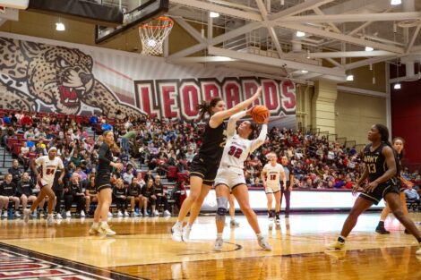 Lafayette Women's Basketball players fight for the ball on the basketball court against opponent, Army, during the 2025 School Day Game.