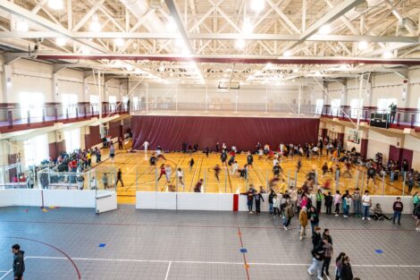 A view from the top of Kirby Sports Center as Easton students participate in warm-up games during School Day Game 2025.