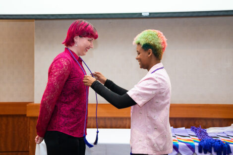 A person gets chords at Lavender Celebration.