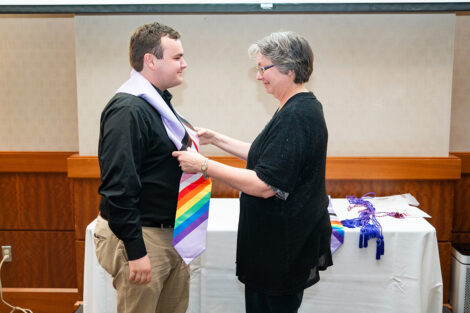 A person gets chords at Lavender Celebration.