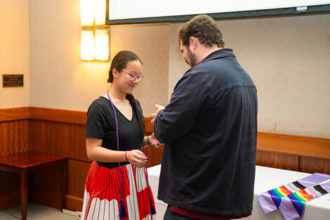 A person gets chords at Lavender Celebration.