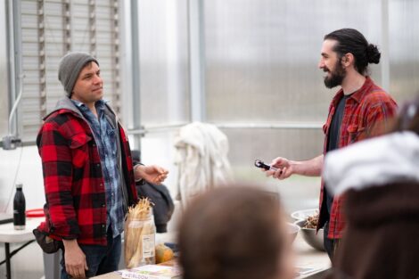 Owen Taylor of Truelove Seeds (left) and Prof. Kyle Keeler confer in the LaFarm greenhouse. | Photo by Adam Atkinson