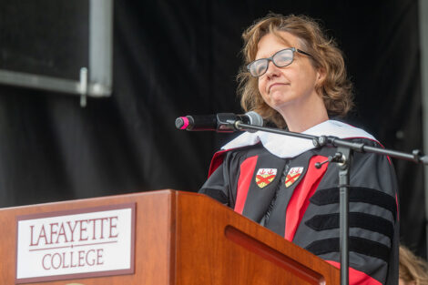 Provost Laura McGrane speaks during Lafayette College's Convocation on Thurs., Aug. 21.