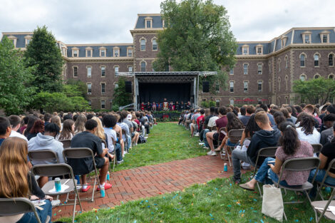 A crowd watches the stage in front of Pardee Hall during Lafayette College's convocation