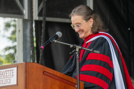 Rev. Dr. Alexandra M. Hendrickson speaks at a podium during Lafayette College's Convocation on Thurs., Aug. 21.
