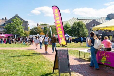 Lafayette community members enjoying food trucks on the Quad for the 2025 Marquis de Lafayette birthday celebration