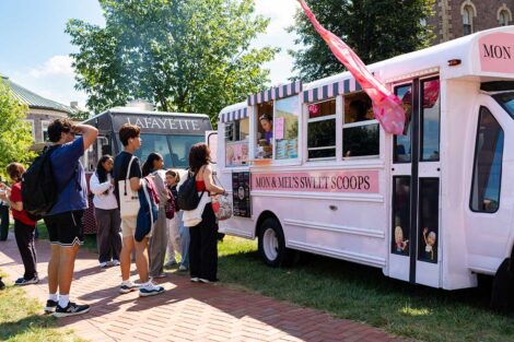 Lafayette community members enjoying food trucks on the Quad for the 2025 Marquis de Lafayette birthday celebration
