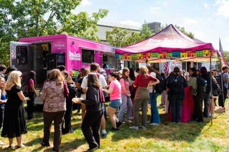 Lafayette community members enjoying food trucks on the Quad for the 2025 Marquis de Lafayette birthday celebration