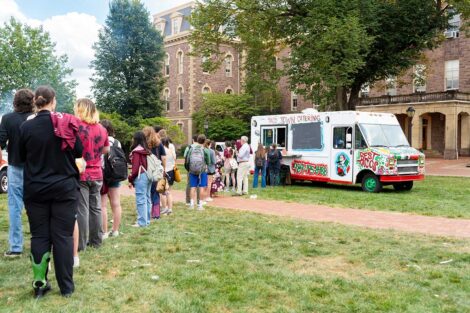 Lafayette community members enjoying food trucks on the Quad for the 2025 Marquis de Lafayette birthday celebration