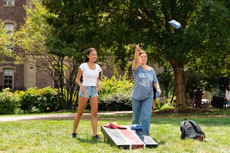 Lafayette students playing cornhole on the Quad at the 2025 Marquis de Lafayette birthday celebration