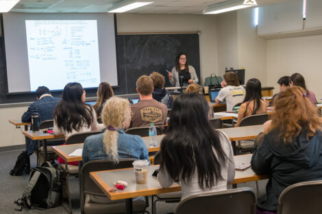 A professor is standing in the front of a full classroom while attendees intently listen.
