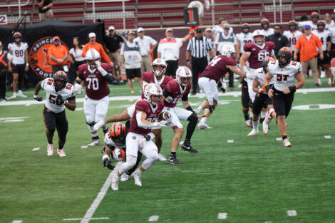 A Lafayette College football player makes a catch.
