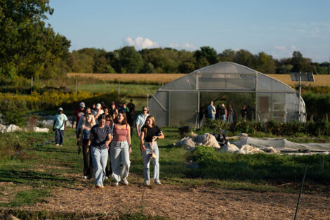 Attendees walk around LaFarm with a greenhouse in the background.