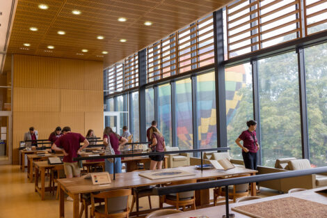 A hot air balloon as seen through the window inside of Skillman Library.