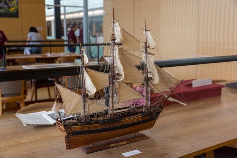 A ship on display in Skillman Library.
