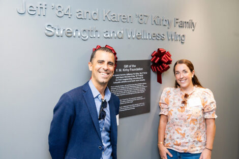 Executive Director, F.M. Kirby Foundation Justin Kiczek and Jane Kirby FitzMaurice stand in the Jeff '84 and Karen '87 Kirby Family Strength and Wellness Wing in the Wallach Center.