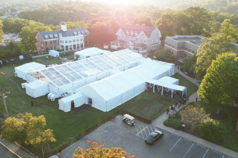 Daytime aerial view of the tents on March Field where the Marquis Founders Dinner and Bicentennial Kickoff took place.