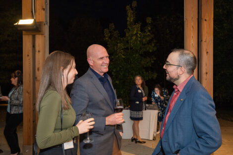 Guests talk to each other outside of the George Washington Presidential Library.