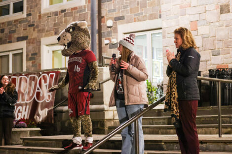 President Nicole Hurd talks on the Farinon steps with the Leopard.