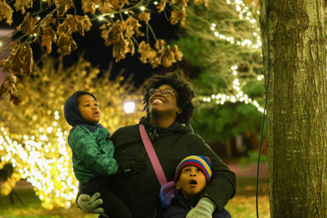 A family enjoys the lights on the Quad.