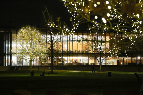 Skillman Library surrounded by twinkling lights.