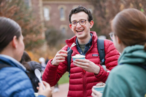 A student eats ice cream.