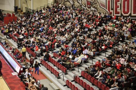 An overhead shot of the crowd inside Kirby Sports Center.
