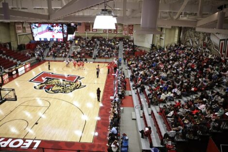 An overhead view of Kirby Sports Center filled with Easton Area School District fifht and sixth graders during School Day Game