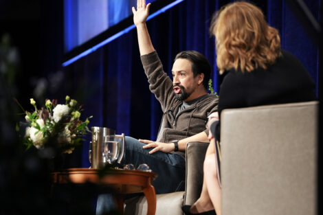 Lin-Manuel Miranda animatedly tells a story on stage.
