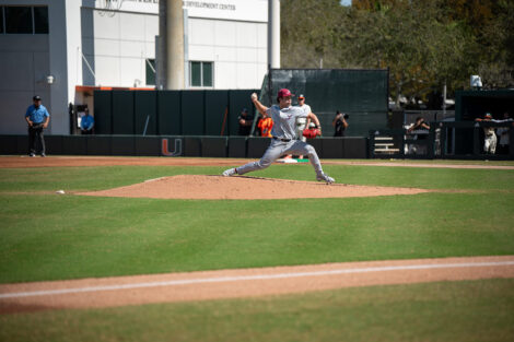 A Lafayette pitcher throws a ball from the mound. His jersey says number 2.