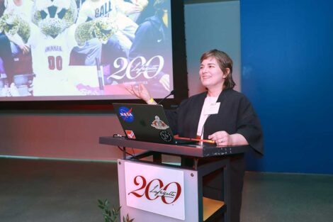 Prof. Katherine Groo presenting at the Bicentennial Lafayette Legacies Event at Academy Museum of Motion Pictures in Los Angeles