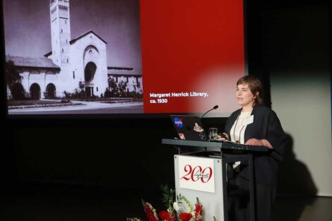 Prof. Katherine Groo presenting at the Bicentennial Lafayette Legacies Event at Academy Museum of Motion Pictures in Los Angeles