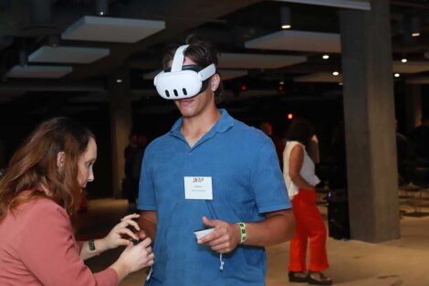 Guest at the Bicentennial Lafayette Legacies Event at Academy Museum of Motion Pictures in Los Angeles trying out a VR headset