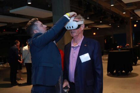 Guest at the Bicentennial Lafayette Legacies Event at Academy Museum of Motion Pictures in Los Angeles trying out a VR headset