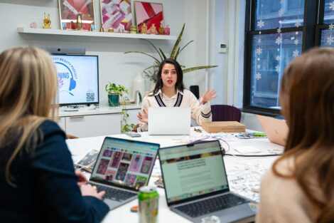 Lafayette students engaging with host at 2026 externship at Base Beauty Creative Agency