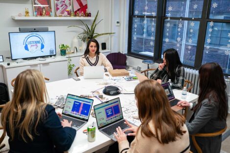 Lafayette students engaging with host at 2026 externship at Base Beauty Creative Agency