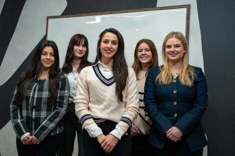 Lafayette students engaging with host at 2026 externship at Base Beauty Creative Agency