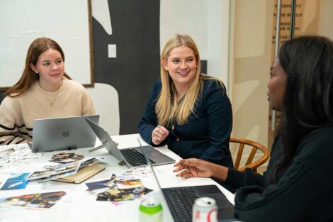 Lafayette students engaging with host at 2026 externship at Base Beauty Creative Agency