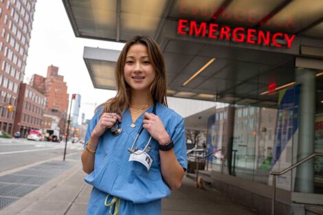 Lafayette student engaging with host at 2026 externship at Northwell Health Greenwich Village Hospital
