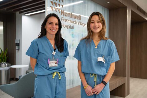 Lafayette student engaging with host at 2026 externship at Northwell Health Greenwich Village Hospital