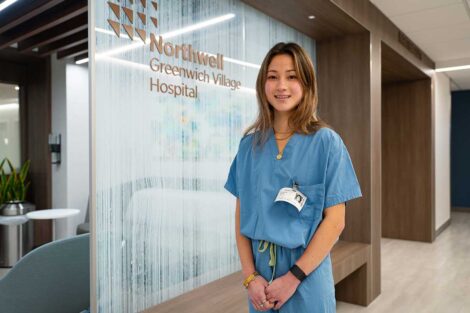 Lafayette student engaging with host at 2026 externship at Northwell Health Greenwich Village Hospital